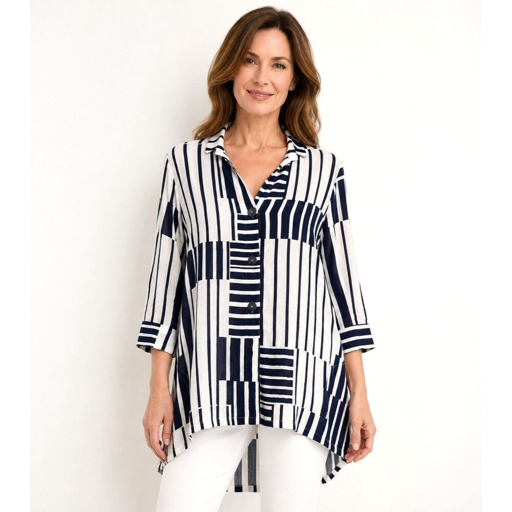 Lior Paris Medium Navy White Striped Tunic Top 3/4 Sleeve Geometric Pockets